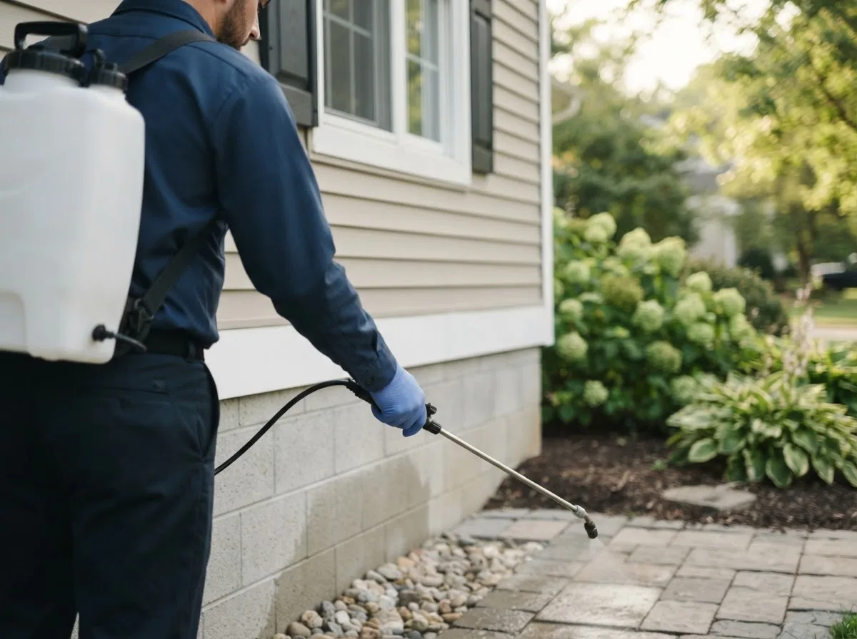 Pest control technician inspecting a home in Overpeck, OH